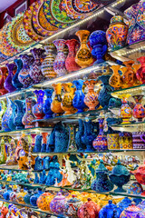 Many colorful souvenirs for sale at the bazaar in Turkey