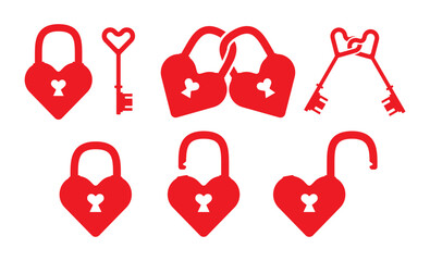 Abstract red heart locks, love heart padlock, heart shaped key. Valentine's day icon concept vector illustration. Valentines day romantic heart design isolated on white.
