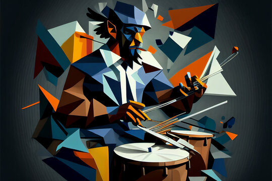 Afro-American male jazz musician drummer playing drums in an abstract geometric cubist style painting for a poster or flyer, computer Generative AI stock illustration
