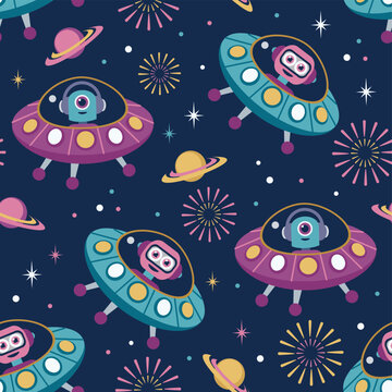 Colorful seamless pattern with cute cartoon alien in spaceship in flat style. Endless texture for fabric, baby clothes, background, textile, wallpaper. Vector illustration.  Space background. 