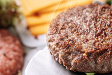 barbecue burger cutlet. barbeque concept in nature. barbecue spatula with a burger patty on it