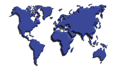 3d illustration of a blue world map with beveled edges and no background