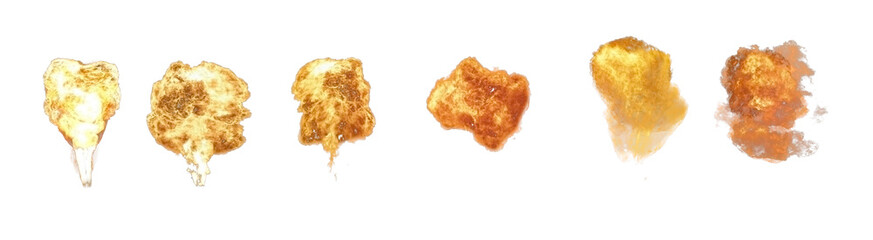 Collection of nuclear bomb explosions. Fire mushroom with smoke and flames on a transparent background