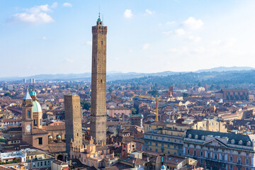 Bologna city of Emilia Romagna famous for its food and the historic seat of the oldest university medieval towers