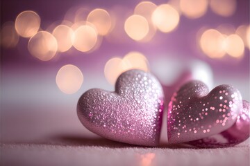 Obraz premium shiny pink hearts bokeh lights abstract background, Generative AI