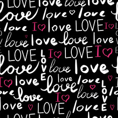 Text love, script cute doodle hand drawn seamless pattern on black background.