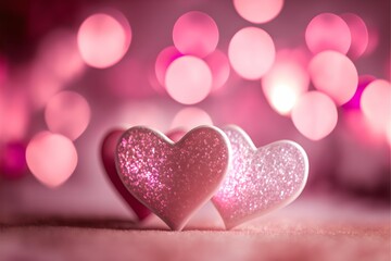Obraz premium shiny pink hearts bokeh lights abstract background, Generative AI