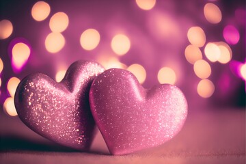 Obraz premium shiny pink hearts bokeh lights abstract background, Generative AI