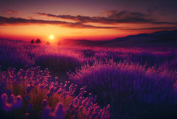 Fototapeta na wymiar Sunset over a violet lavender field. Generative AI