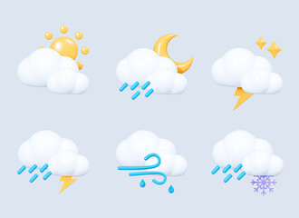 3D Weather set emoji icon. Cloud with sun, crescent moon, lightning, rain, wind and snow. Meteo forecast symbol for app and web. Cartoon creative design icon isolated on blue background. 3D Rendering