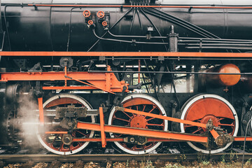 Steam train locomotive close up.