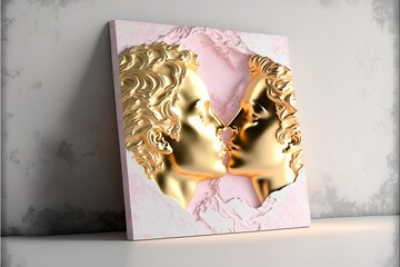 Kissing couple made of marble texture. Kissing couple made of pink and gold couple. Generative AI