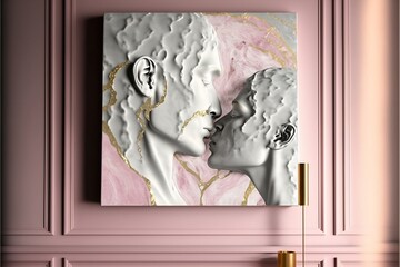 Kissing couple made of marble texture. Kissing couple made of pink and gold couple. Generative AI