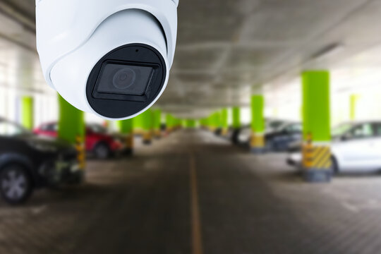 CCTV Security Camera Setup On Parking Lot. Copy Space.