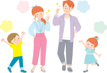 笑顔でお出かけする4人家族のイラスト