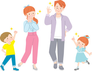 笑顔でお出かけする4人家族のイラスト