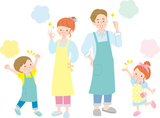 エプロン姿の4人家族のポジティブな表情セット