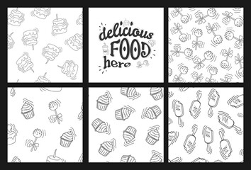 a set with a seamless pattern with sweets and the inscription delicious food is here. Vector poster with cakes, cupcake, popsicle, cupcakes.