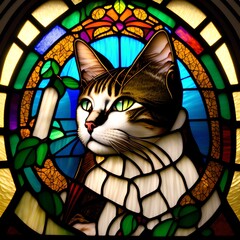 Stained Glass Window Portrait of Cat, Generative AI Illustration