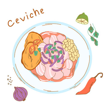 Vector illustration of a ceviche dish on a plate with sweet potato, corn and hot peppers. fish fillet.