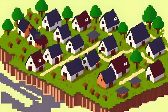 Village with Pixel Houses, Generative AI Illustration