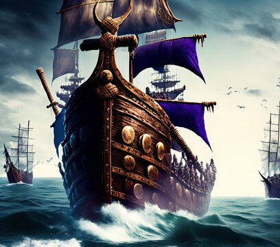 Viking Warriors on Boat, Generative AI Illustration
