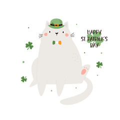 Funny holiday design for St. Patricks Day with a cat in a hat. Vector illustration for Irish holiday