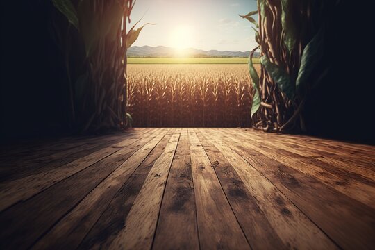 Empty wooden floor with cornfield in the background generative ai,