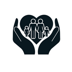 Family care Silhouette Vector. Father, mother, daughter and son.  stylish hands up with heart icon.

