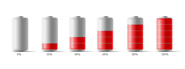 3D a set of white modern batteries with a red percentage scale of the energy charge level. Image for the design of electrical appliances and technology industry.
