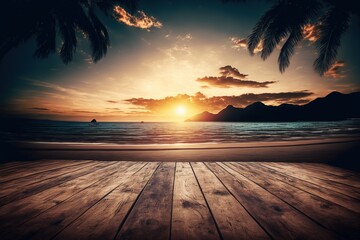 Fototapeta na wymiar Empty wooden floor with tropical sunset beach background generative ai