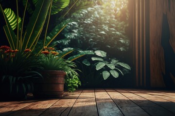 Empty wooden floor with tropical green backgrounds generative ai,