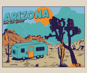 arizona desert landscape vector illustration, camping van in cactus desert vector illustration, western desert sunset vector