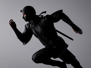 A ninja running at full speed. Traditional ninja style. 3D Illustration.