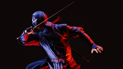 A ninja holding a ninja sword in neon lights. Traditional ninja style. 3D illustration.