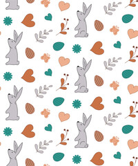 Seamless pattern eggs, Rabbit, flowers, twigs, butterflies, hearts. Pastel vector illustration.