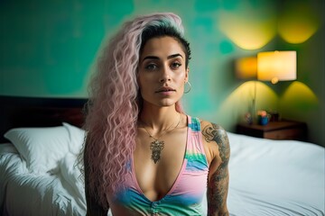 Young, beautiful, tattooed girl in bedroom sitting on bed. Energy, passion and love. Good looking woman posing in room. Modern attractive girl. Illustration. Generative AI.