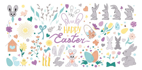 Set easter elements. Vector illustration. Hand drawn doodle style for card, poster, sticker, cover.