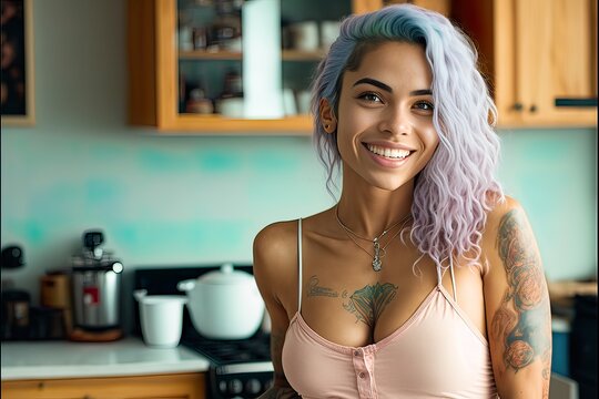 Concept of young, cute, tattooed girl in the kitchen. Energy, passion and love. Good looking woman posing in her apartment. Modern housewife. Illustration. Generative AI.