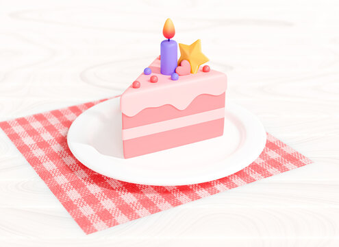 3D Birthday piece of cake with candle on table. Cheesecake slice. Birthday party. Plate of sweet dessert. Pink handmade pie. Pastel color. Cartoon creative design illustration. 3D Rendering