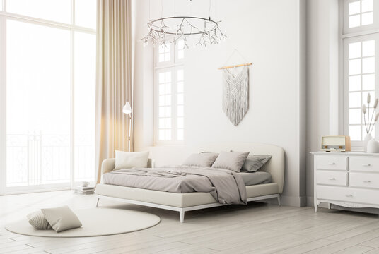 Modern classic style luxury white bedroom 3d render The room has a parquet floor and white door overlooking terrace and bright background
