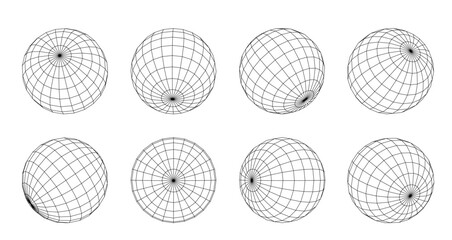 Wireframe sphere with connected lines isolated PNG. Abstract grid globes in different positions. 3d design technology style © Ann_Sereda