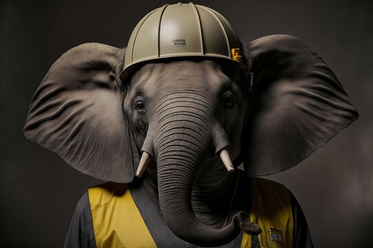 Elephant with safety helmet - Close up portrait - Construction worker - Generative AI