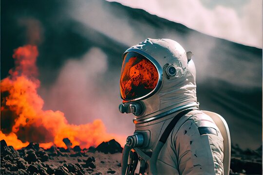 volcanologist in silver hazmat suit,  explosions of lava. Volcano. Ai Generative