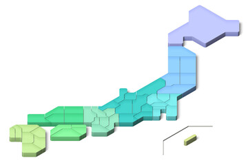 簡略化された3D日本地図　県別　地方別　アイソメトリック（影付き背景透過）
