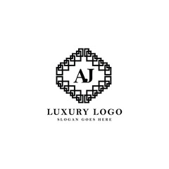 AJ initial based vector logo. Serif letter logo within complex line art frame. Logo for luxury fashion, beauty, jewelry, product, and company.