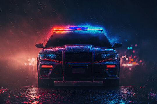 police car lights in city at night. generative ai