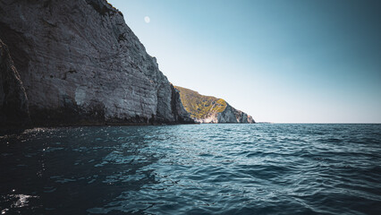 Fototapeta premium Fantastic view from the Mediterranean Sea to the cliffs of Zakynthos, Greece