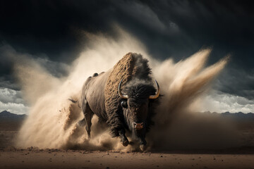 buffalo running with dust.  generative ai - obrazy, fototapety, plakaty