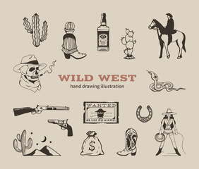 Wild west collection hand drawing illustration